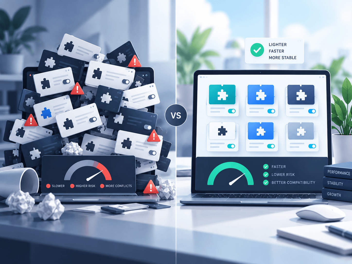Comparison of a cluttered WordPress plugin stack with a more focused, optimized setup.