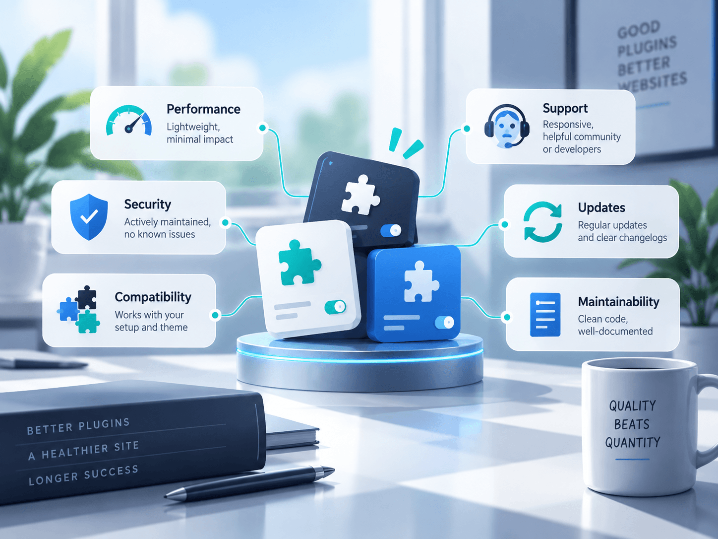 Visual summary of qualities that make WordPress plugins healthier for a website.