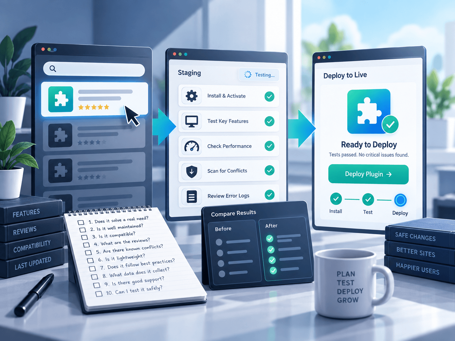 Workflow showing plugin evaluation, staging tests and safe deployment to a live WordPress site.