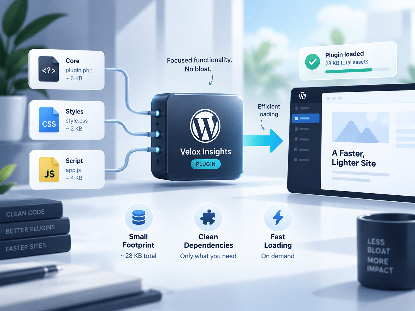 Diagram of a lightweight WordPress plugin architecture with focused code, styles and scripts.