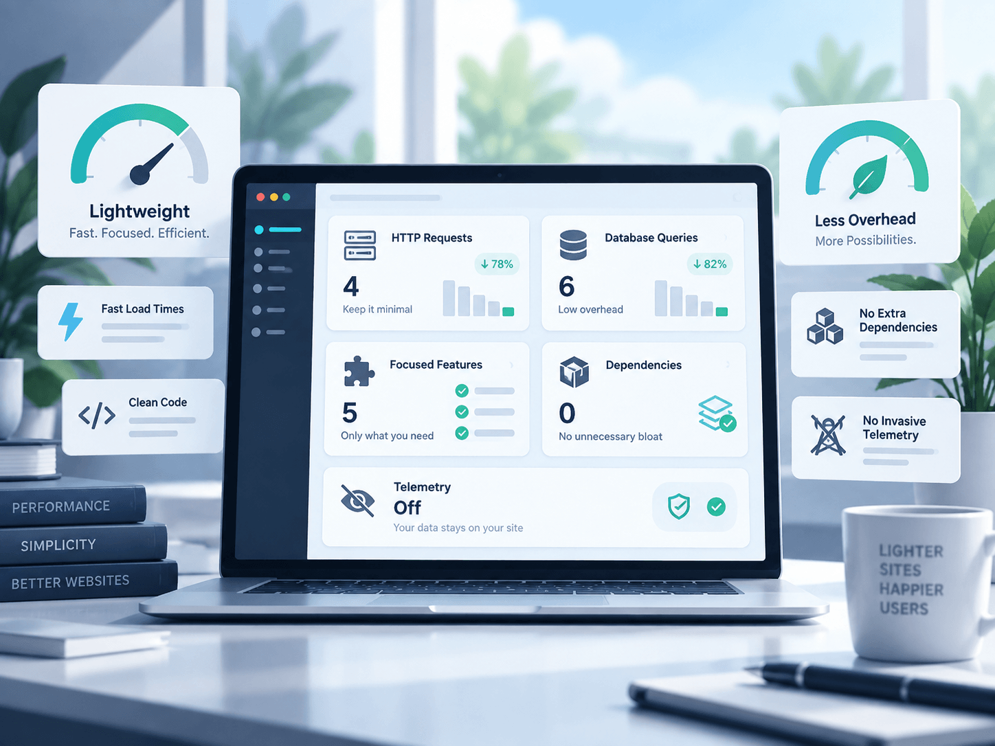 WordPress performance dashboard illustrating a lightweight plugin with fewer requests and dependencies.
