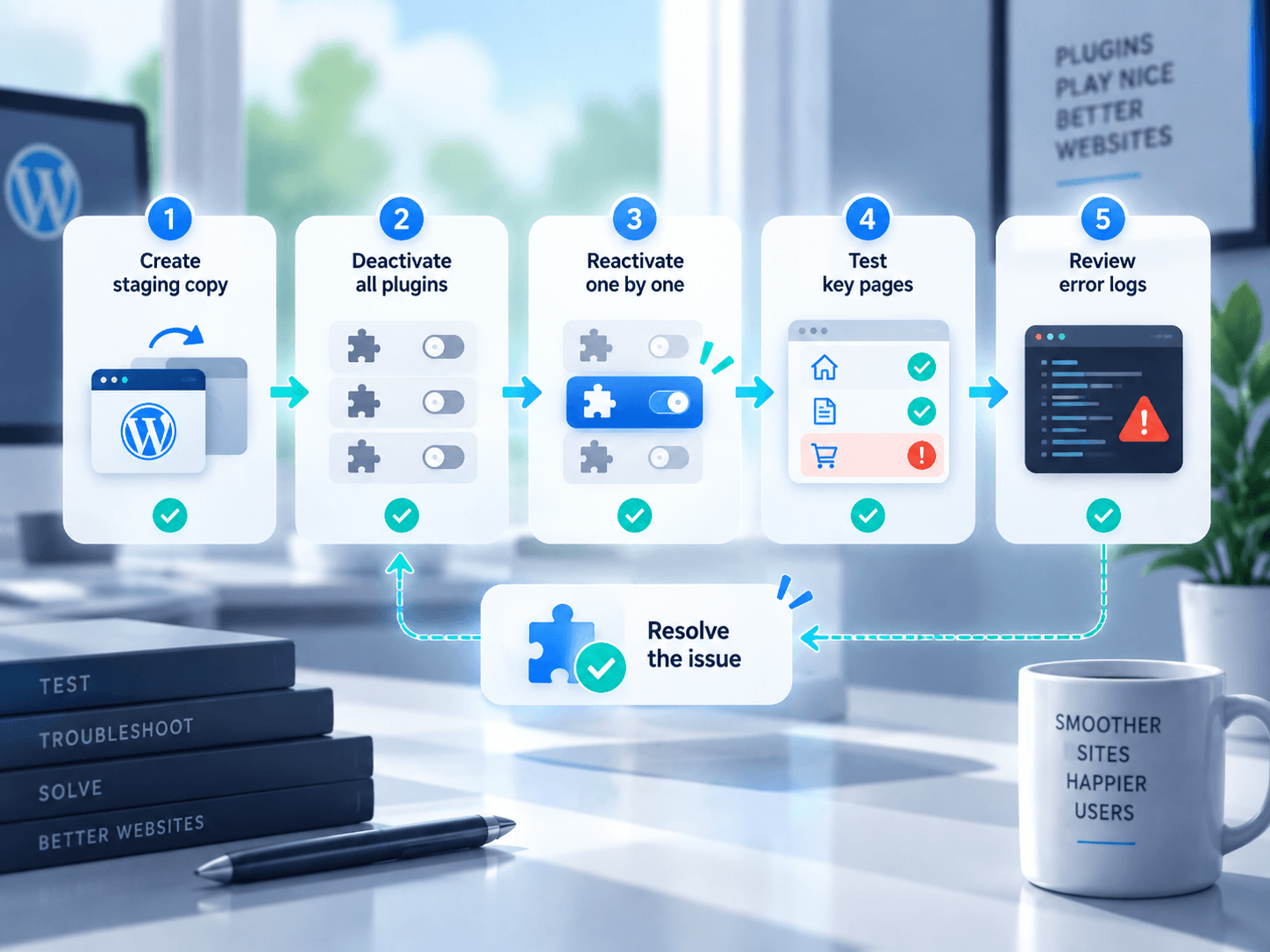 Step-by-step WordPress troubleshooting workflow for isolating and resolving plugin conflicts.