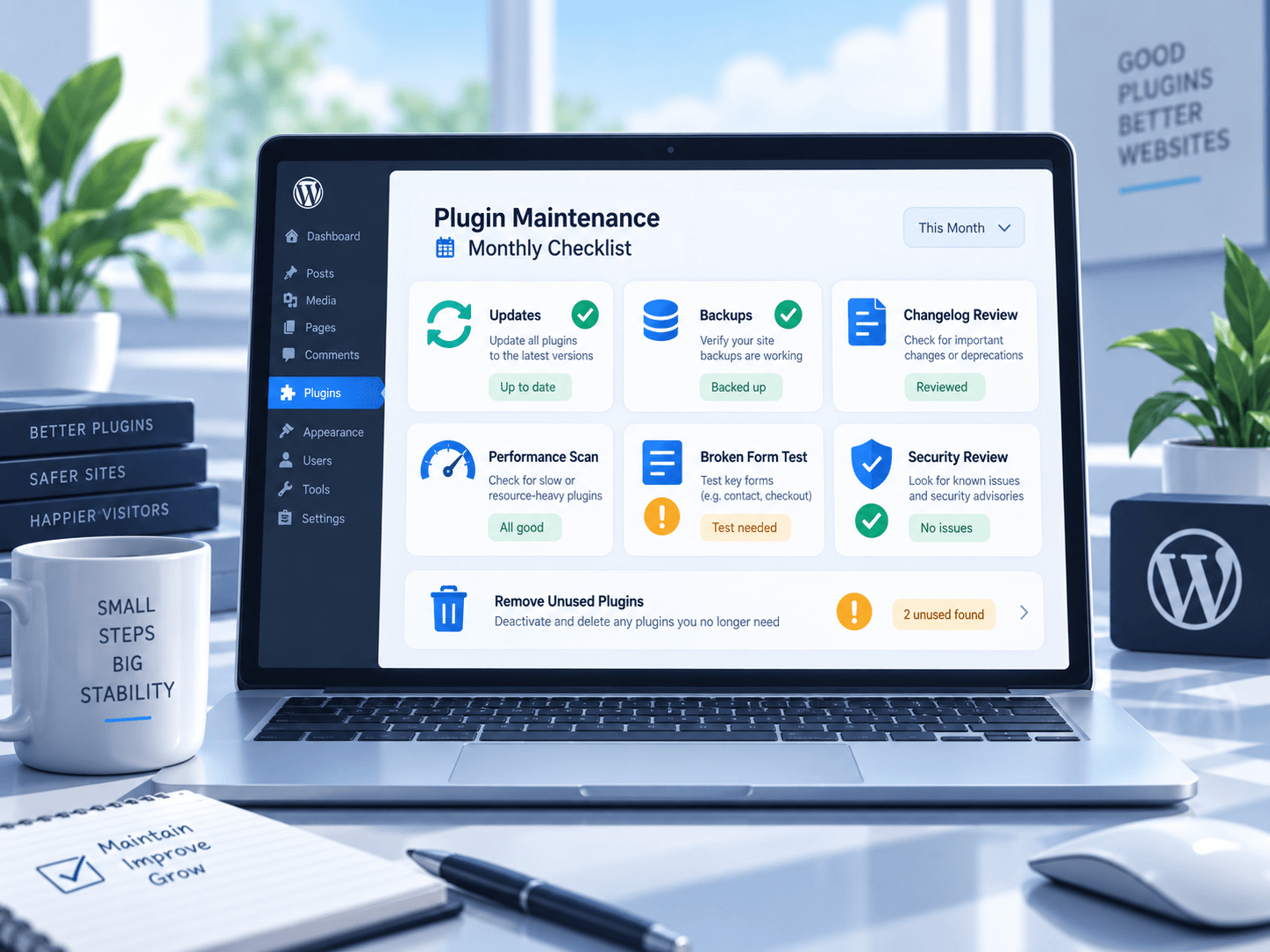 WordPress plugin maintenance workspace showing updates, backups, testing and routine checks.