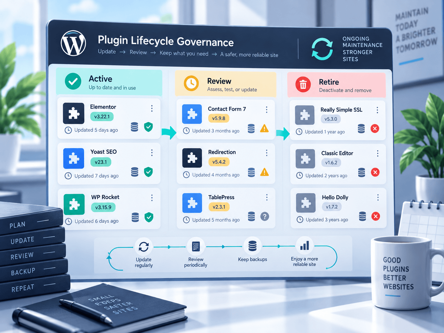 Plugin lifecycle governance diagram for reviewing, maintaining and retiring WordPress plugins.