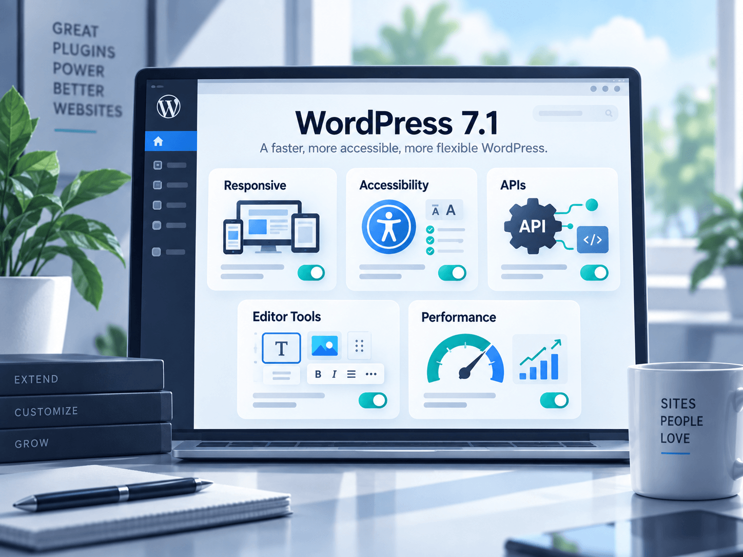 WordPress 7.1 feature overview highlighting responsive styling, accessibility, APIs, editor tools and performance.