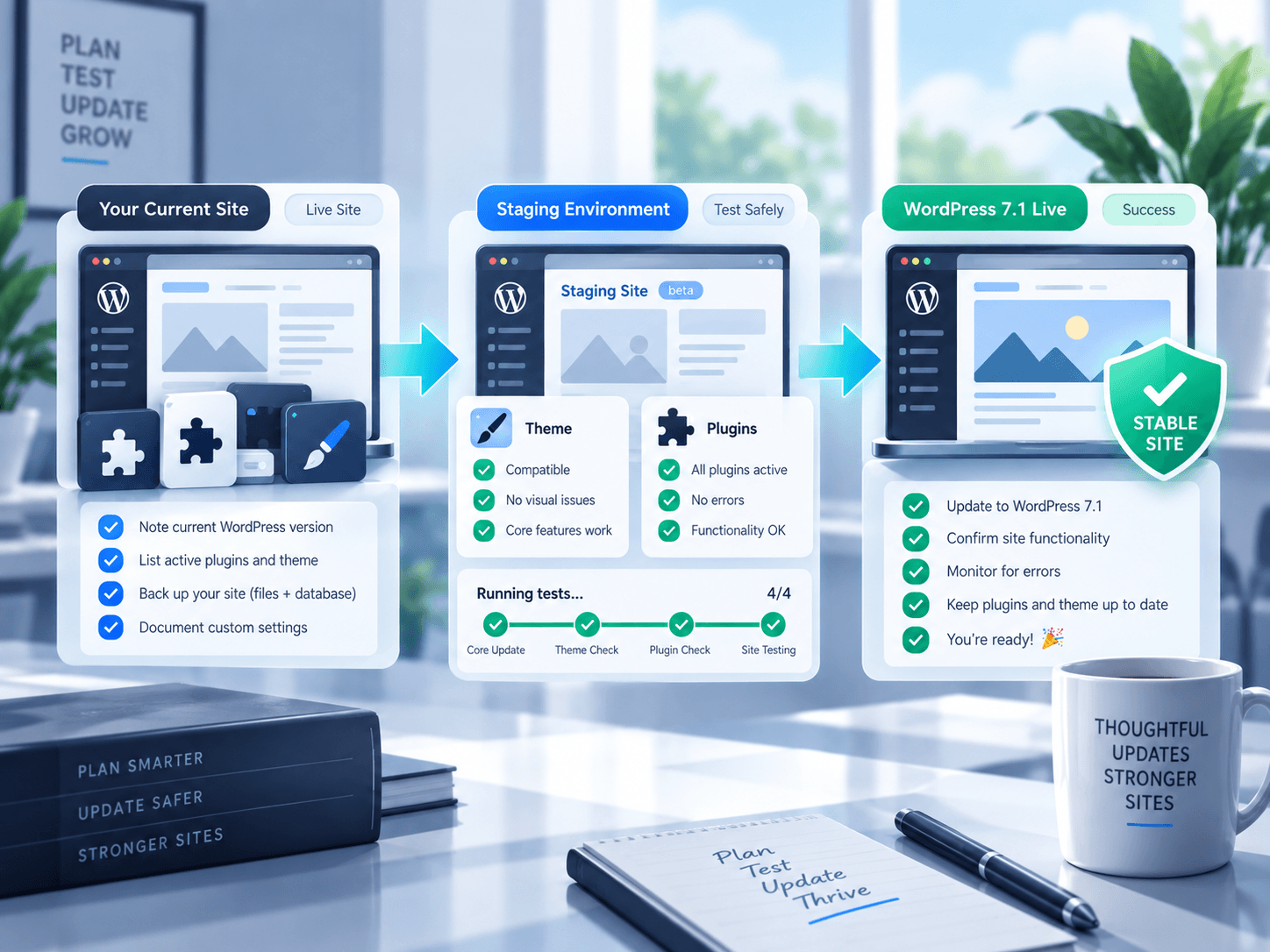 WordPress 7.1 upgrade workflow using staging, compatibility checks and post-update verification.