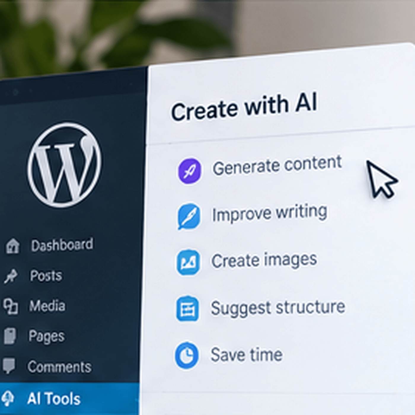 WordPress interface illustrating practical AI-assisted content, image and workflow tools.