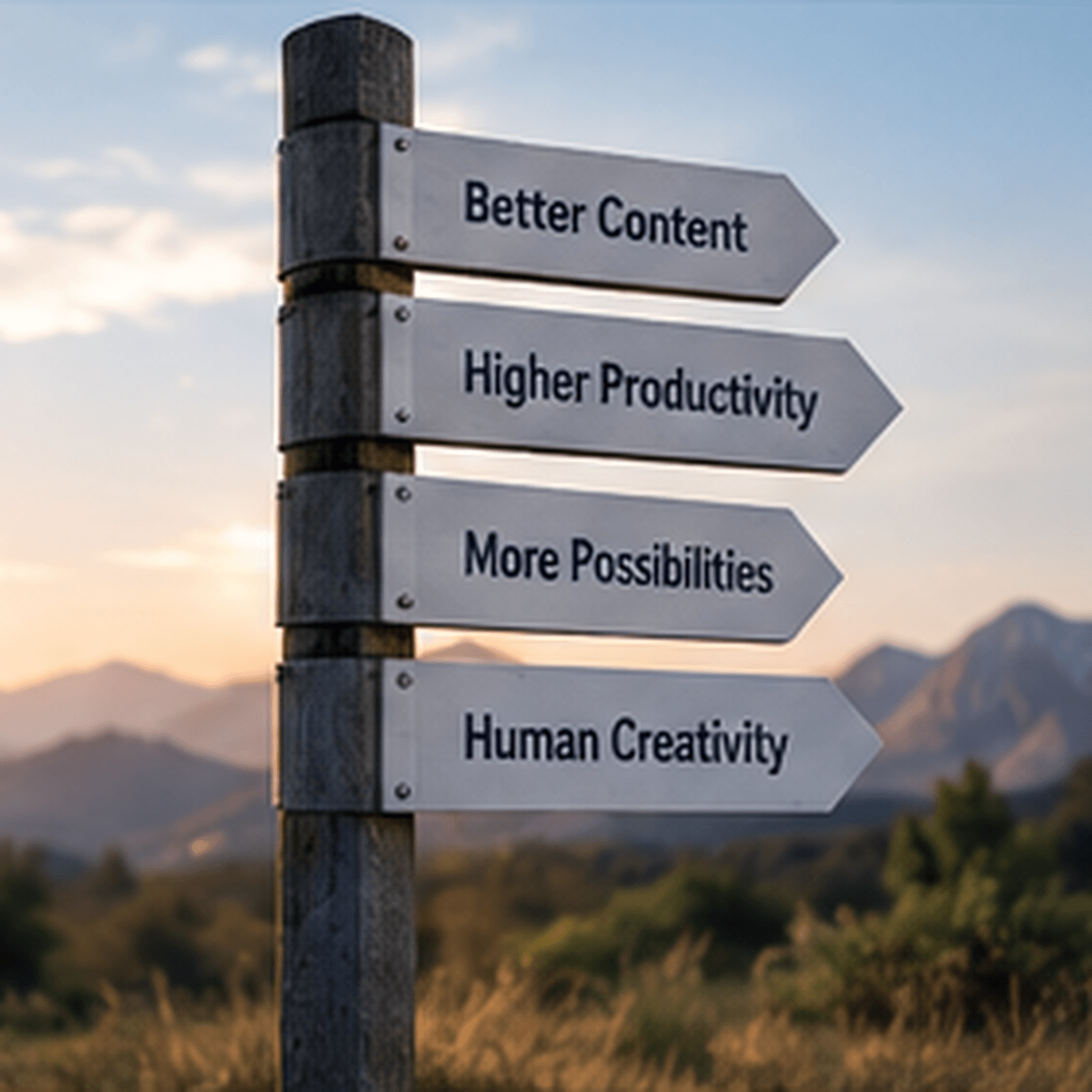 Decision signpost illustrating productivity, better content, human creativity and thoughtful AI use.