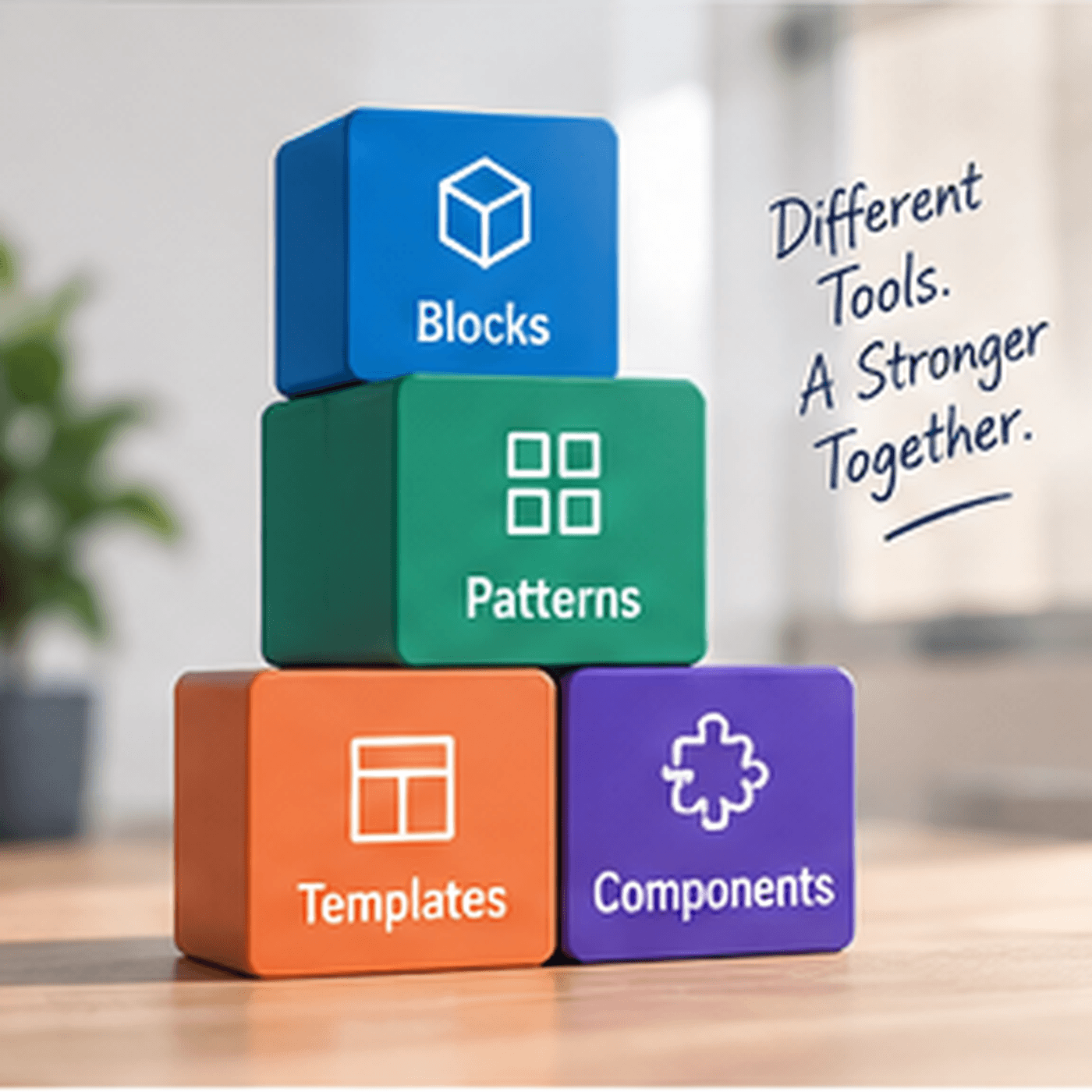 Visual comparison of WordPress blocks, patterns, templates and custom components.