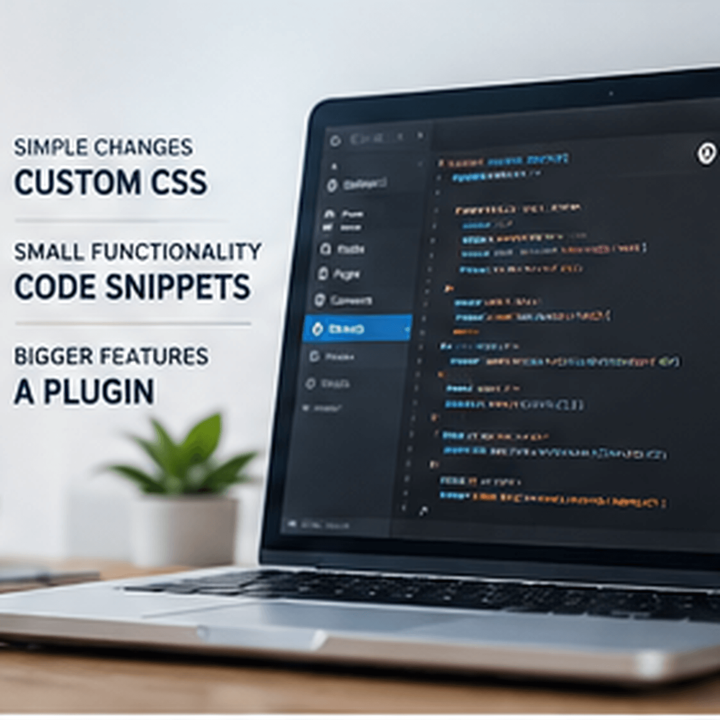 WordPress customization workspace comparing custom CSS, code snippets and plugin development.