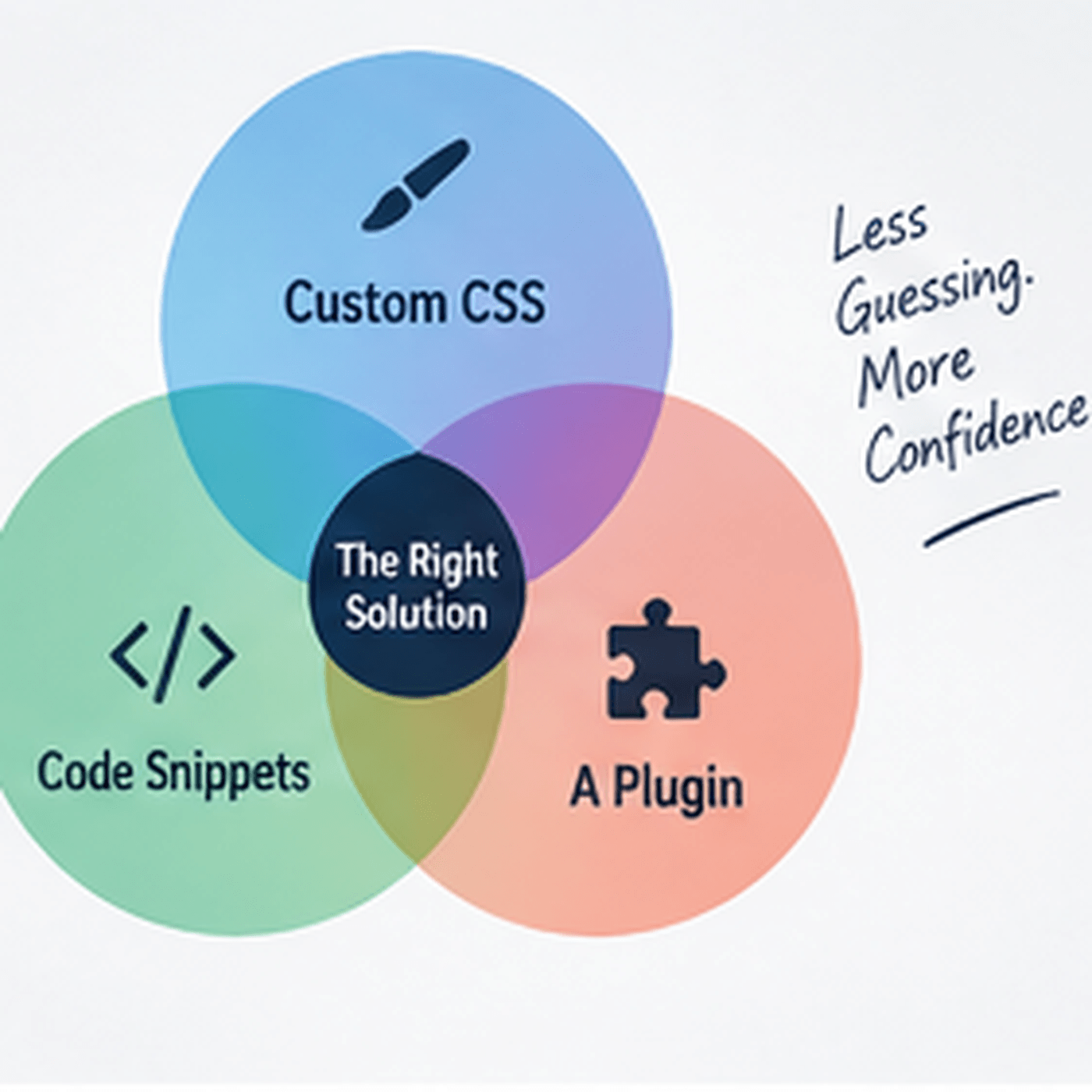 Decision diagram showing where custom CSS, code snippets and plugins overlap.