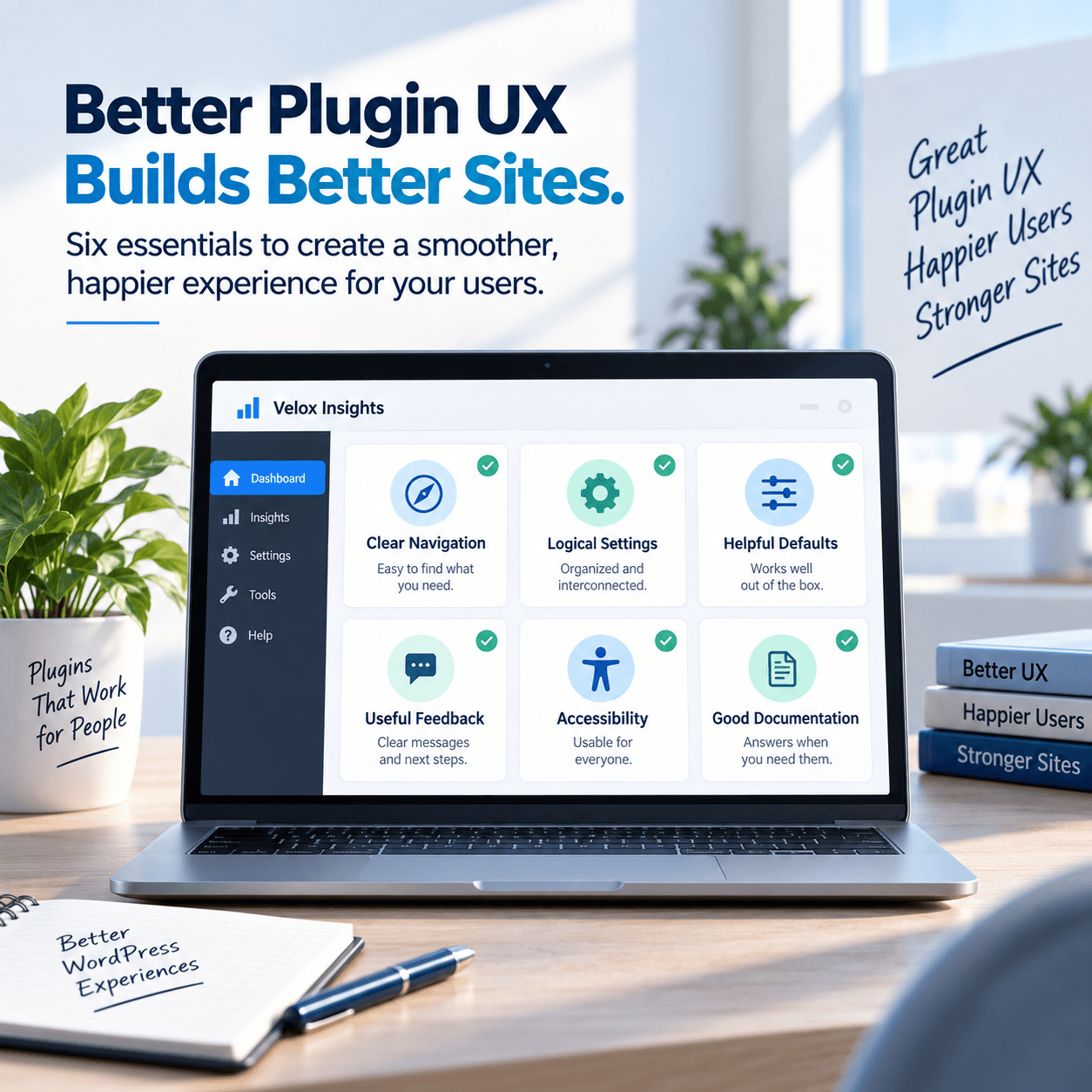 Plugin UX checklist covering clear navigation, logical settings, helpful defaults, feedback, accessibility and documentation.