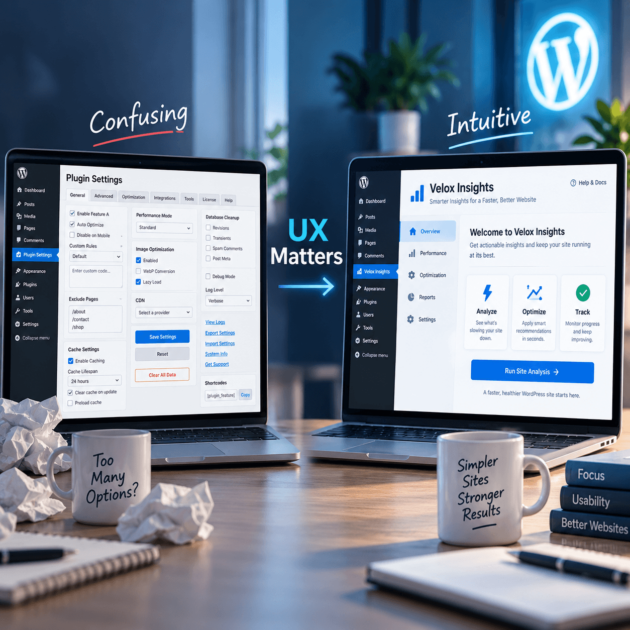 Before-and-after comparison showing a confusing WordPress plugin settings screen transformed into a clearer interface.