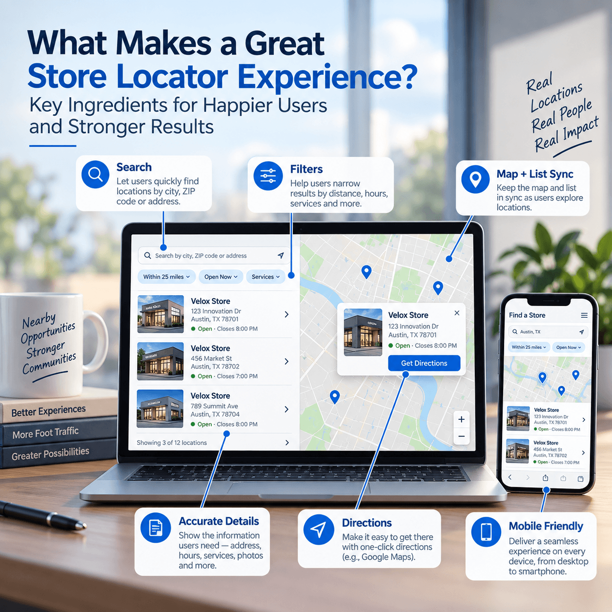 Store locator interface highlighting search, filters, synchronized map and list, accurate details, directions and mobile usability.