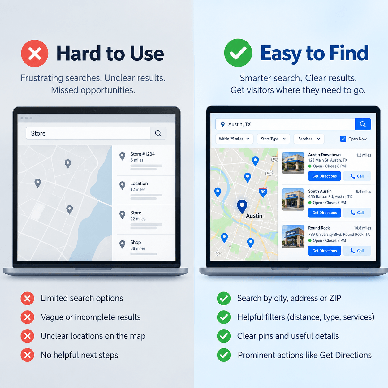 Comparison between a hard-to-use location finder and a clear, easy-to-use store locator experience.