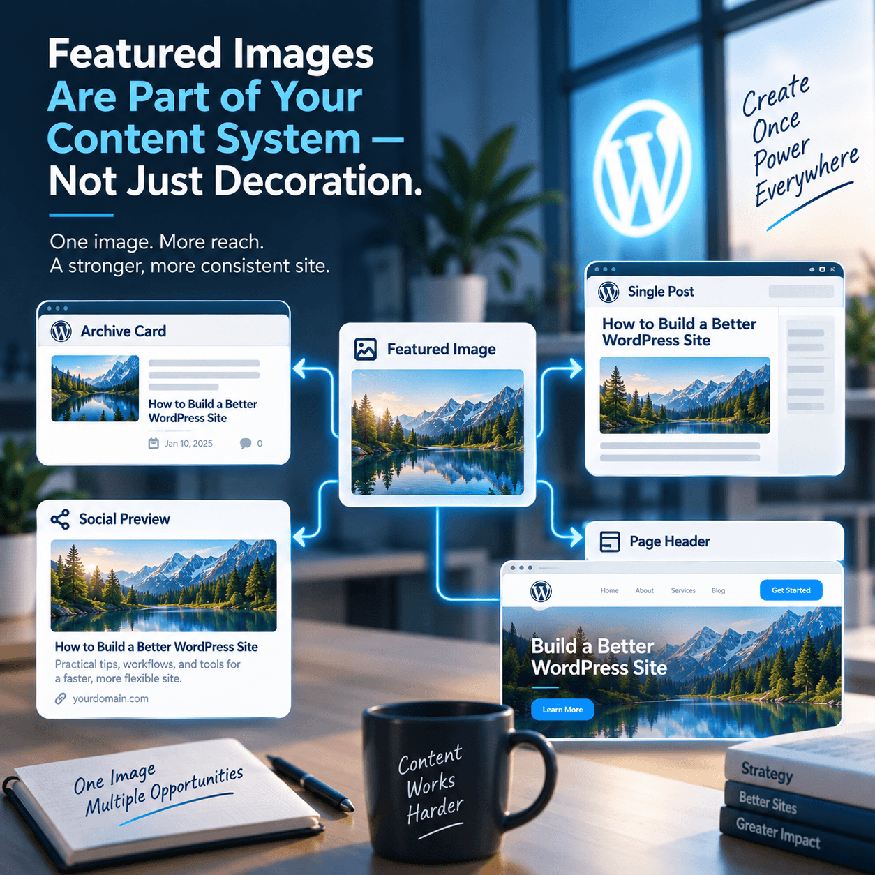 Diagram showing one featured image reused across a post archive, social preview, page header and single post.
