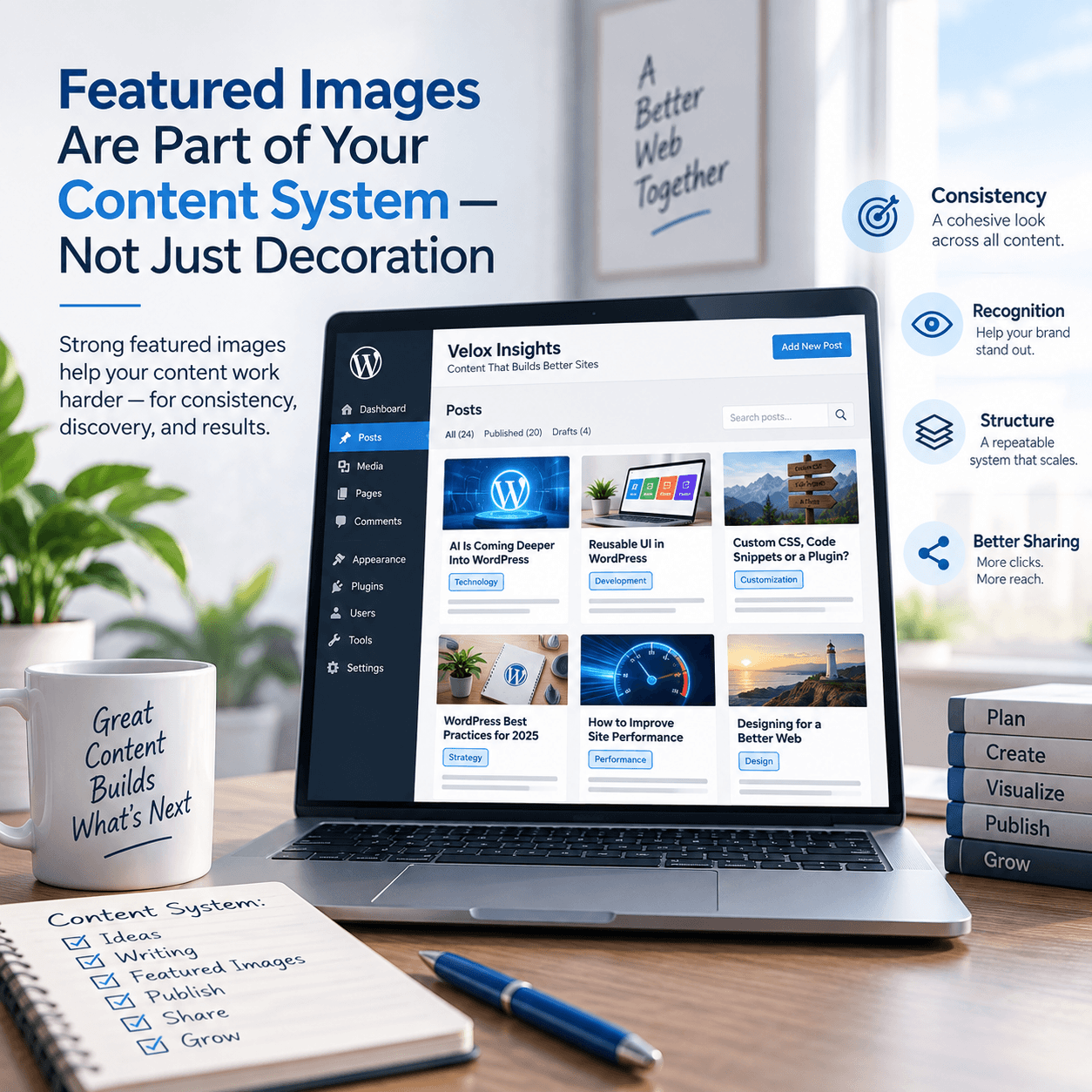 WordPress content dashboard illustrating featured images as part of a repeatable publishing system.